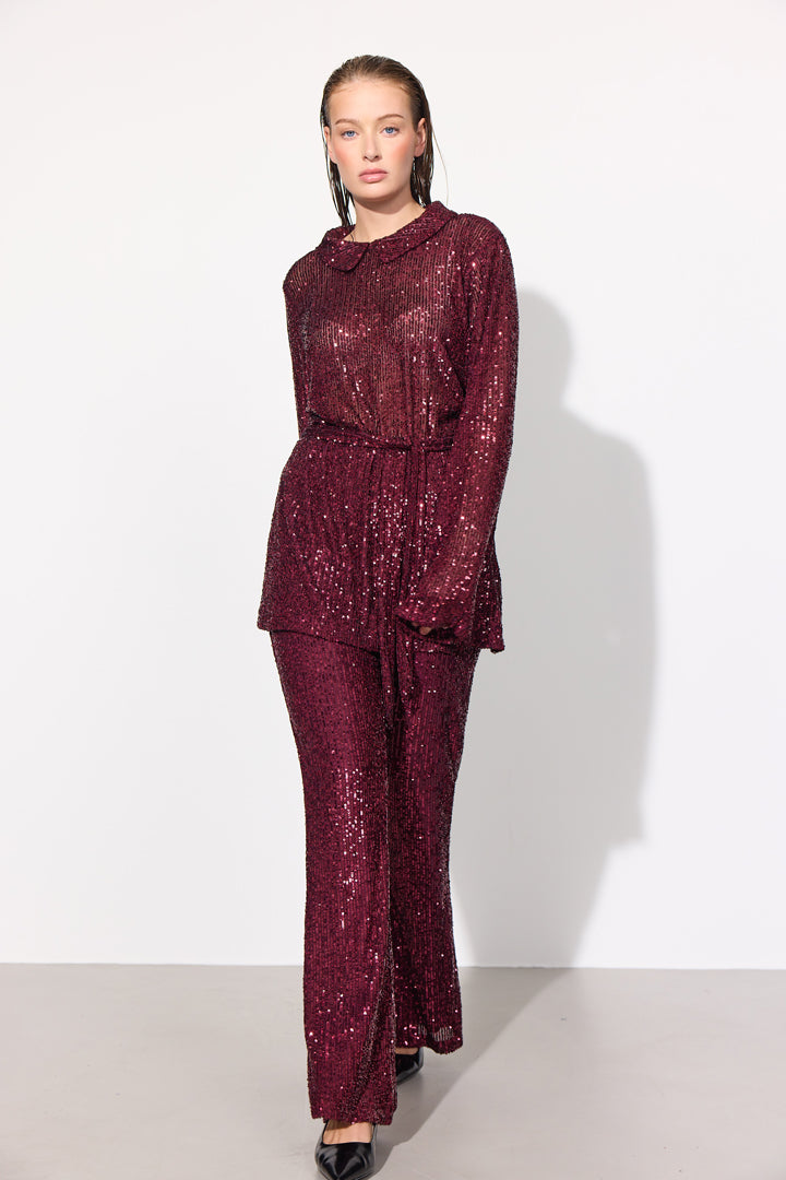 HUNKØN Karin Sequin Blouse Shirts Deep red