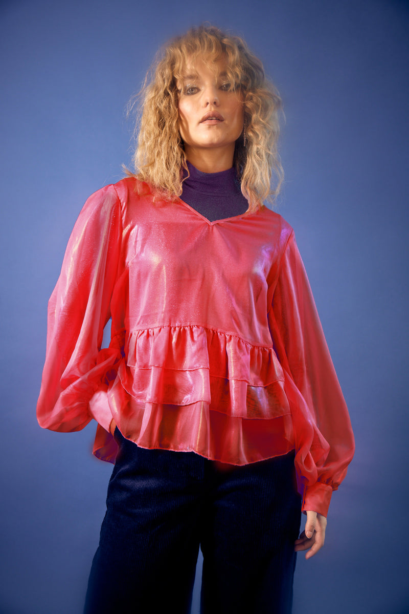 HUNKØN Pearl Sheer Blouse Blouses Red